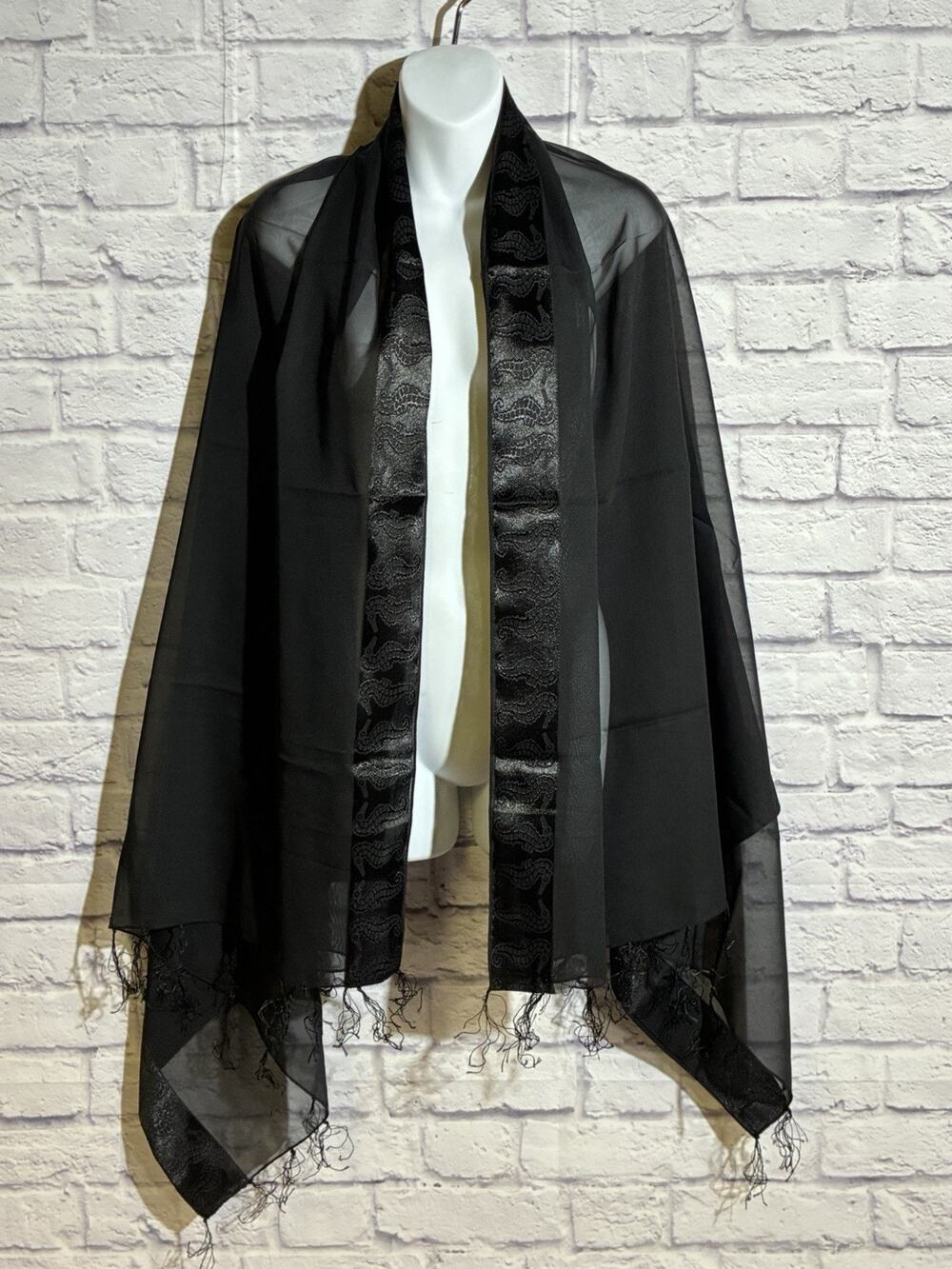 Vintage Black Sheer Shawl Wrap Seahorse Border Fringe Evening Scarf